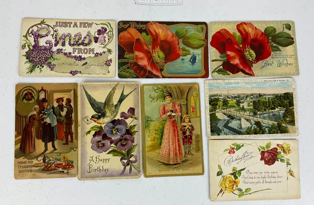 Antique Postcard Lot 8 Embossed Floral Birthday Thanksgiving Wabash Indiana